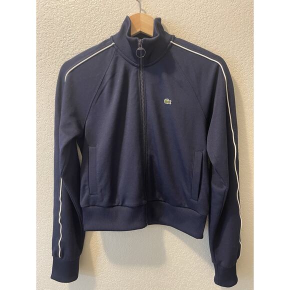 Lacoste Navy Blue Track Jacket Women's 32 US XS Full Zip Paris White Stripe - Picture 1 of 11